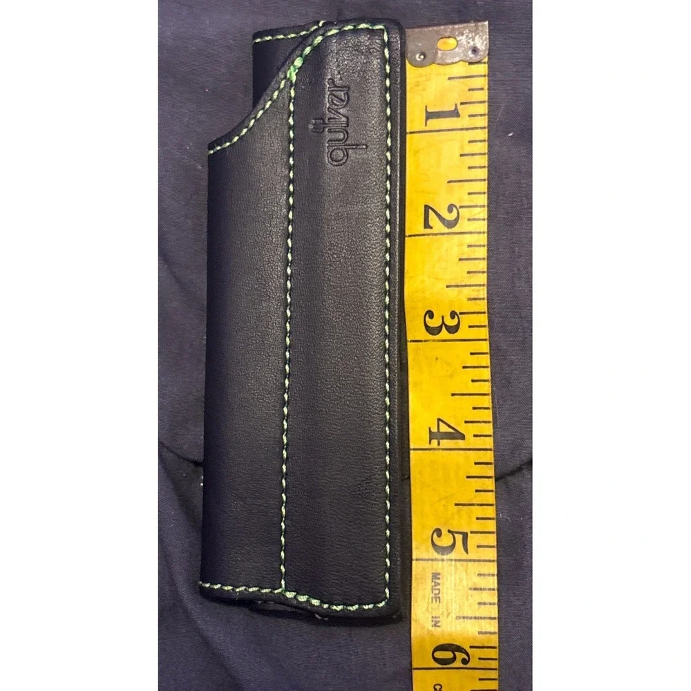 NEW Quiver Black Leather Double Pen Holder Green Stitch Notebook Journal Sleeve